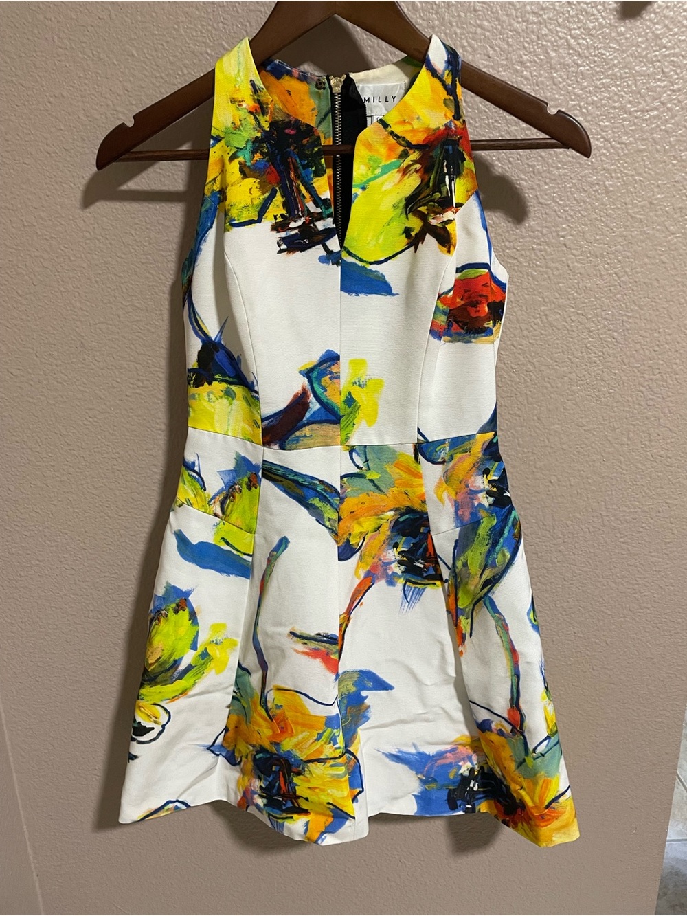 Milly White Floral Halter Mini Dress with Yellow & Blue Accents